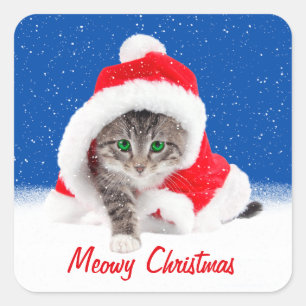Sticker Carré Kitten à Santa Hat et Snowflakes