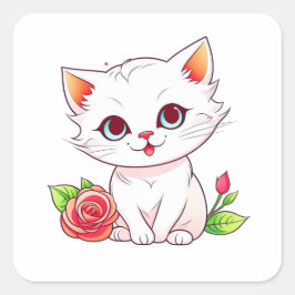 Sticker Carré Kitten avec Rose rouge