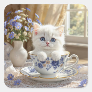 Sticker Carré Kitten blanc dans une Tea up