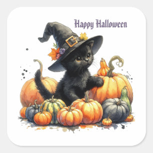 Sticker Carré Kitten d'Halloween noir avec Citrouilles et Casque