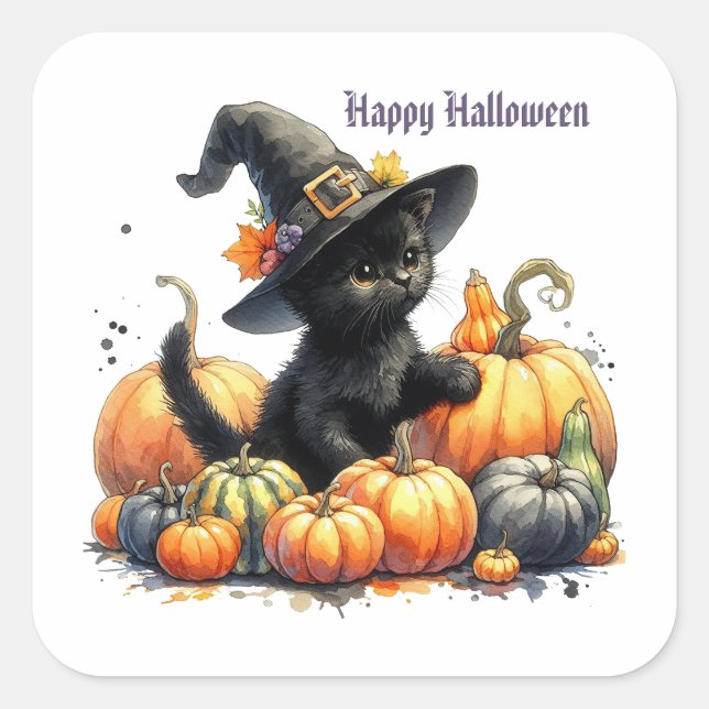 Sticker Carré Kitten d'Halloween noir avec Citrouilles et Casque (Devant)
