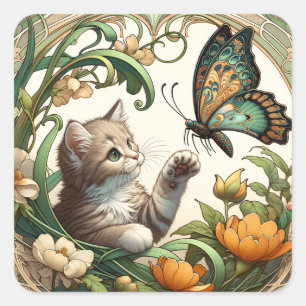 Sticker Carré Kitten et papillon Art Nouveau