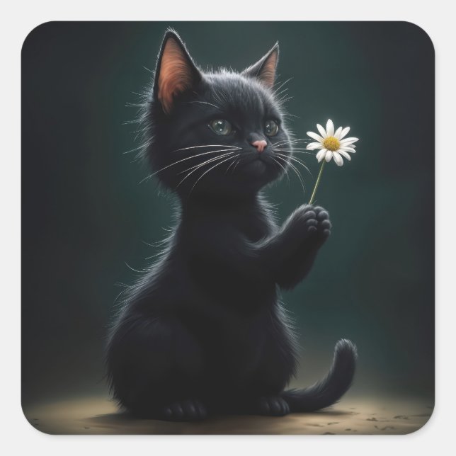 Sticker Carré Kitten noir avec marguerite blanche (Devant)