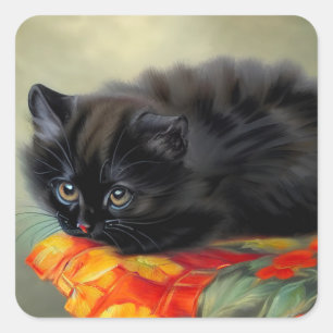 Sticker Carré Kitten noir vintage avec couverture de fleurs roug