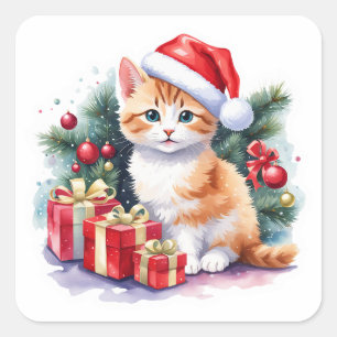 Sticker Carré Kitten Père Noël orange et blanc avec présentateur