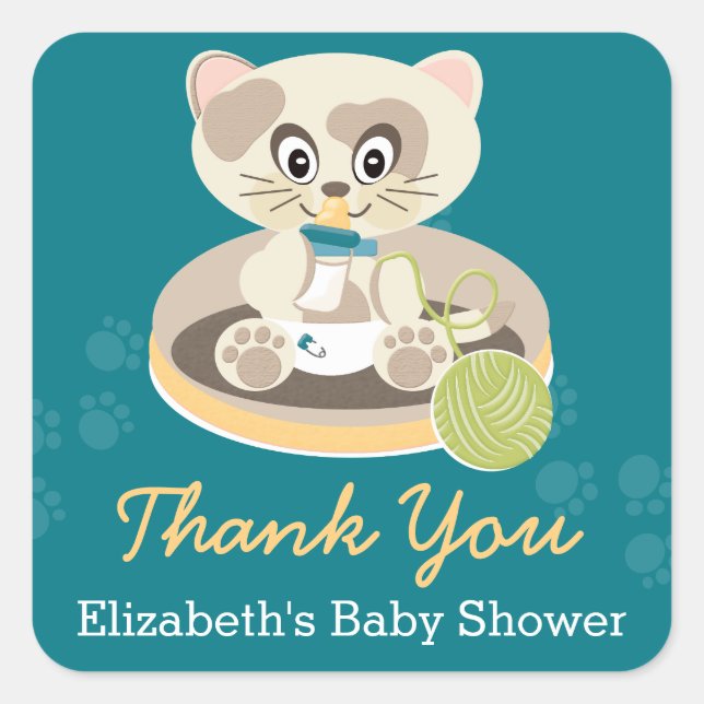 Sticker Carré Kitten turquoise dans Diapers Baby shower de chat  (Devant)