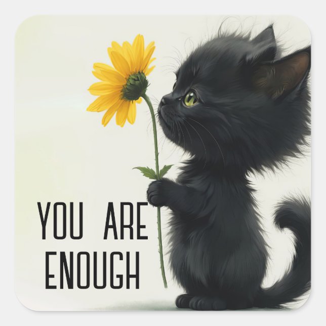 Sticker Carré Kitty noir avec marguerite et citation (Devant)