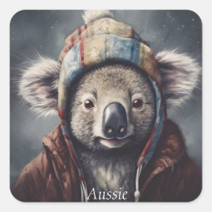 Sticker Carré koala adorable portant casquette mignon personnali