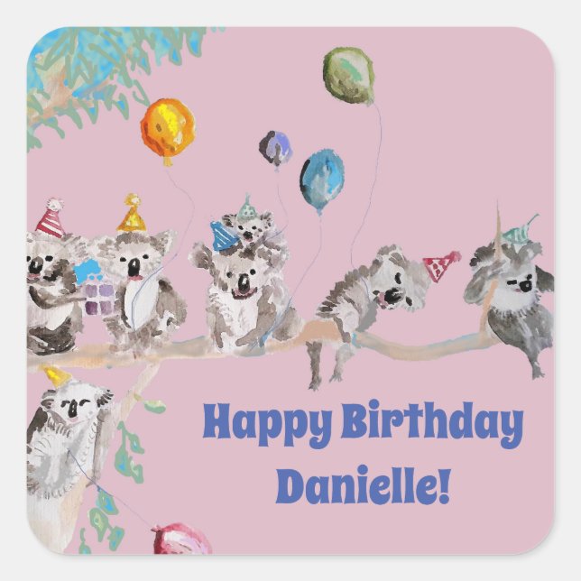 Sticker Carré Koala Ours Anniversaire Fête Animaux Filles Rose (Devant)