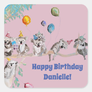 Sticker Carré Koala Ours Anniversaire Fête Animaux Filles Rose