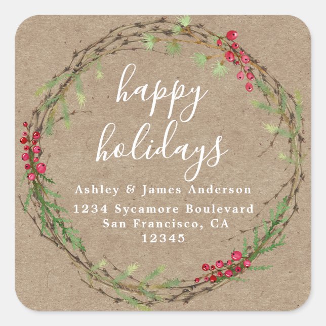 Sticker Carré Kraft Wreath Holiday Return Address (Devant)