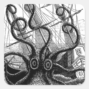 Sticker Carré Kraken/poulpe Eatting un bateau de pirate,