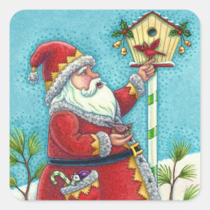 STICKER CARRÉ KRIS KRINGLE ALIMENTER LES OISEAUX REDBIRÉS, NOËL 