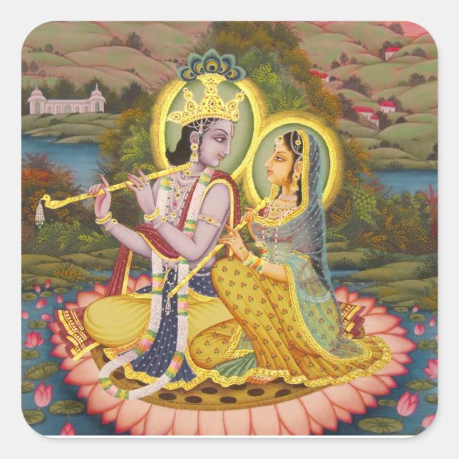 Sticker Carré Krishna et Radha sur lotus (Devant)