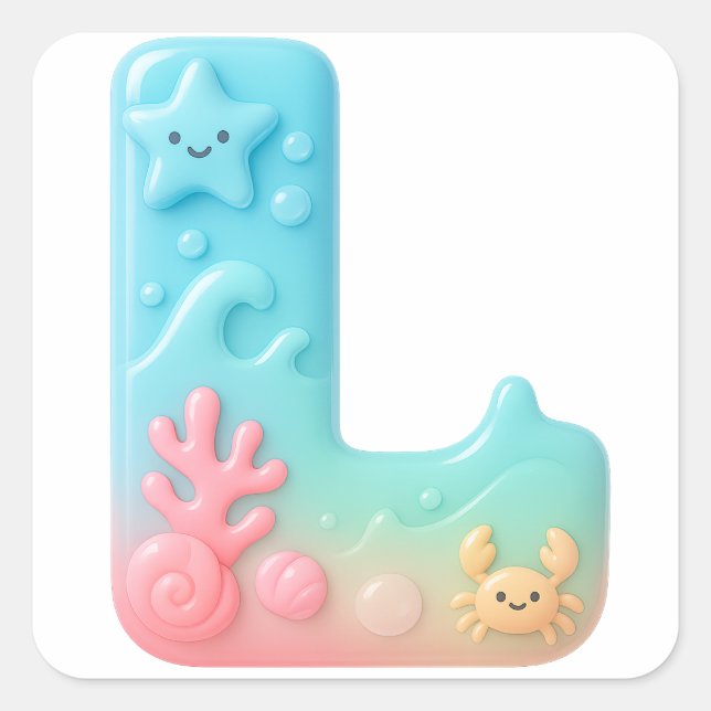 Sticker Carré "L" Cute Letter - Underwater Sea Creature (Devant)