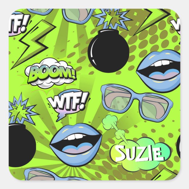 Sticker Carré La Bombe Retro Lèvres Lime Green ID553 (Devant)