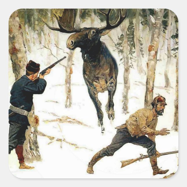 Sticker Carré La chasse aux orignaux par Frederic Remington (Devant)