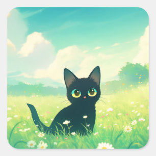Sticker Carré La curiosité de Black Cat dans la prairie