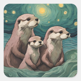 Sticker Carré La famille Otter dans un océan étoilé