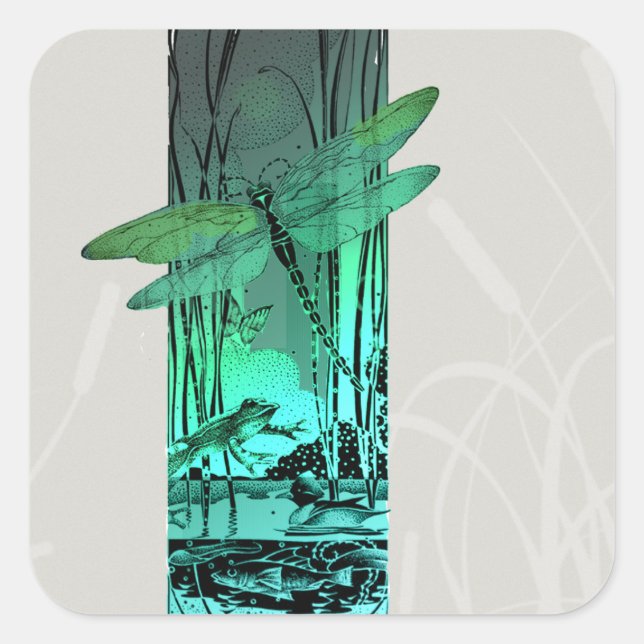 Sticker Carré La libellule verte et la grenouille dans l'étang (Devant)