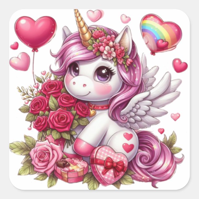 Sticker Carré La mignonne Saint Valentin licorne (Devant)
