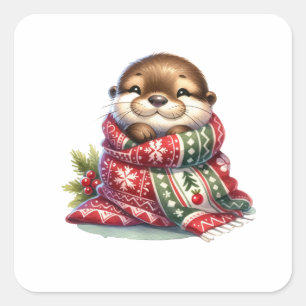 Sticker Carré La Otter de Noël dans une écharpe