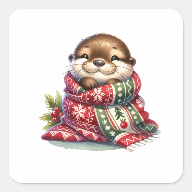 Sticker Carré La Otter de Noël dans une écharpe (Devant)