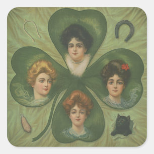 Sticker Carré La Saint-Patrick Art Vintage Trèfle Dame Chance