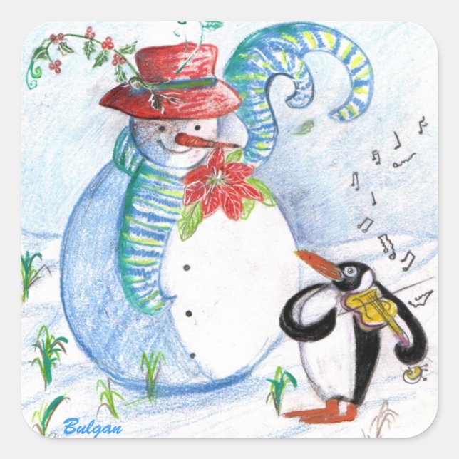 STICKER CARRÉ LA SÉRÉNADE HIVERNALE DE SNOWMAN ET PENGUIN (Devant)