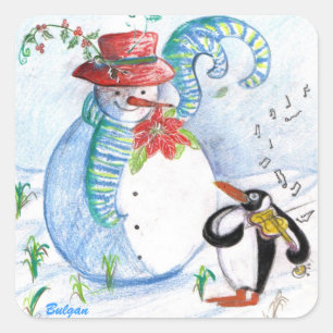 STICKER CARRÉ LA SÉRÉNADE HIVERNALE DE SNOWMAN ET PENGUIN