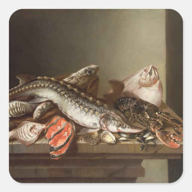 Sticker Carré La vie morte du poisson sur une table (Devant)