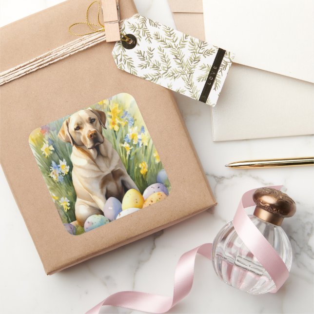 Sticker Carré Labrador avec œufs de Pâques (Cadeaux)