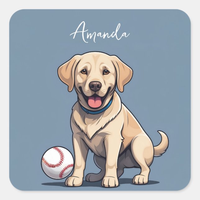Sticker Carré Labrador Jaune mignon avec balle de baseball (Devant)