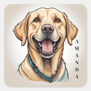 Sticker Carré Labrador jaune souriant avec collier bleu