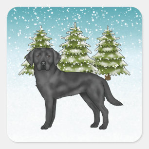 Sticker Carré Labrador Retriever noir dans une forêt enneigée bl