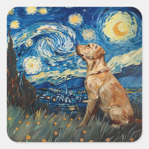 Sticker Carré Labrador Retriever Yellow Lab Chien Starry Night