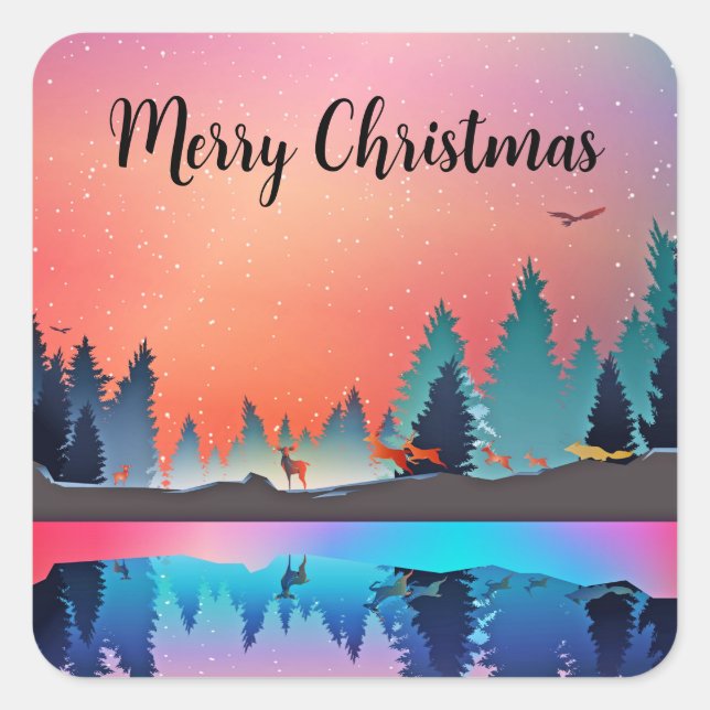 Sticker Carré Lac d'hiver pittoresque avec Noël aux cerfs (Devant)