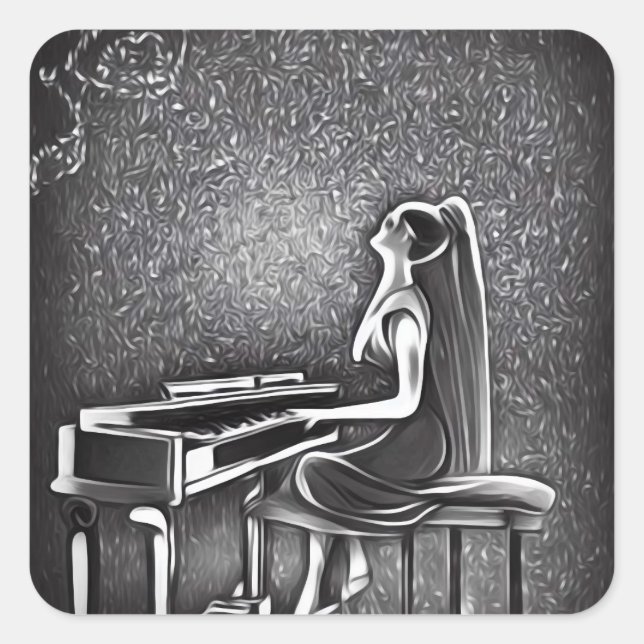 Sticker Carré Lady aux cheveux longs Jouer Piano (Devant)