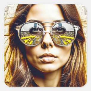 Sticker Carré Lady avec réflexion dans ses lunettes de soleil Ai