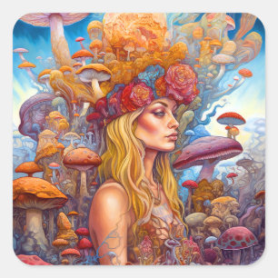 Sticker Carré Lady Et Champignons Surreal Imaginaire Art