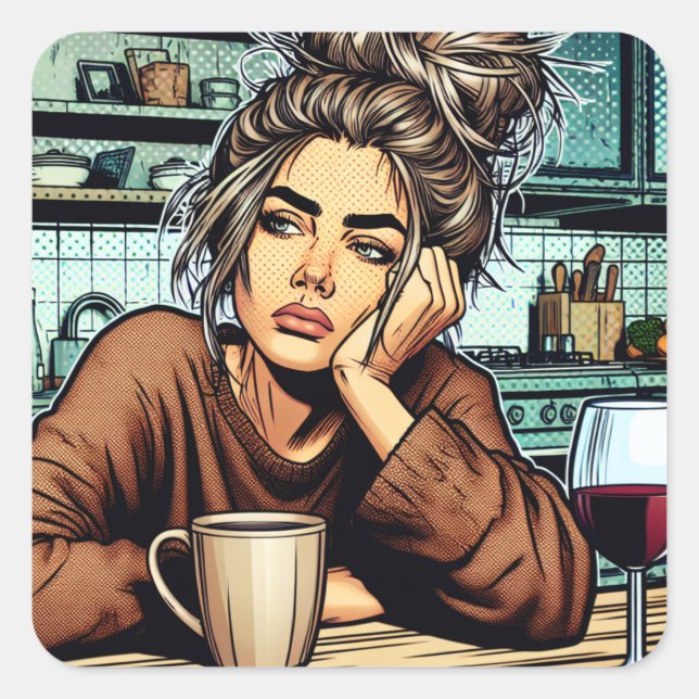 Sticker Carré Lady fatiguée avec Café et Vin Pop Art (Devant)