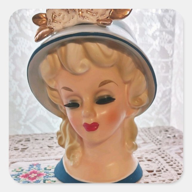 Sticker Carré Lady Head Vase Blonde Ado Blue Casquette Flower (Devant)