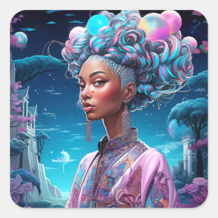 Sticker Carré Lady In Surreal World African American Art Purple