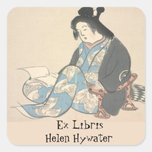 Sticker Carré Lady japonaise modifiable Lecture d'une plaque d'i