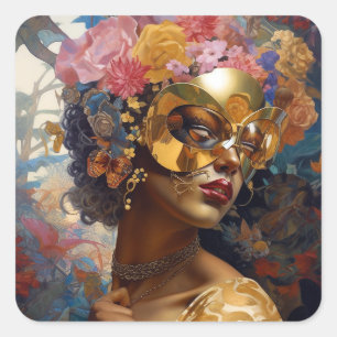 Sticker Carré Lady Portant un Masque Art Imaginaire noir