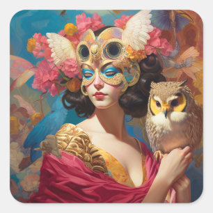 Sticker Carré Lady With Owl Imaginaire Art
