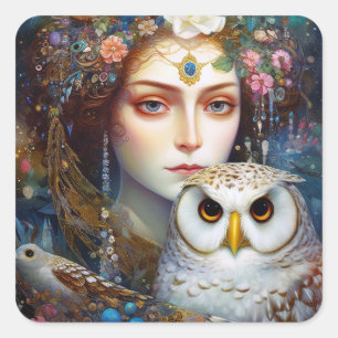 Sticker Carré Lady With Owl Surreal Imaginaire Art