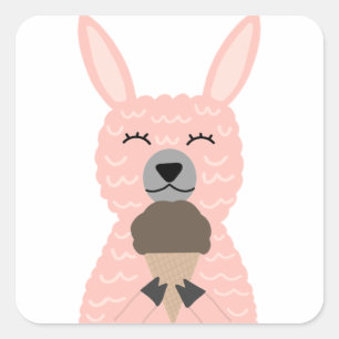 Sticker Carré Lama rose mignon mangeant la crème glacée