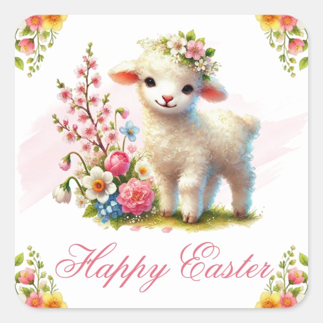 Sticker Carré Lamb and Spring Flowers Happy Easter (Devant)