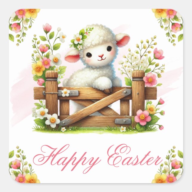 Sticker Carré Lamb, Flower Crown & Wooden Gate Happy Easter (Devant)